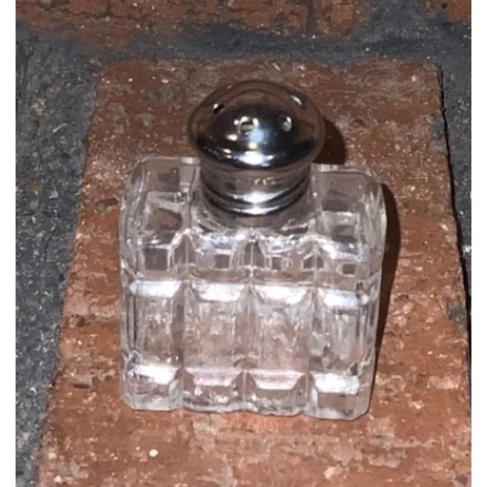 Vintage Miniature Cut Glass Salt Shaker Rectangular Geometric Clear Silver Lid